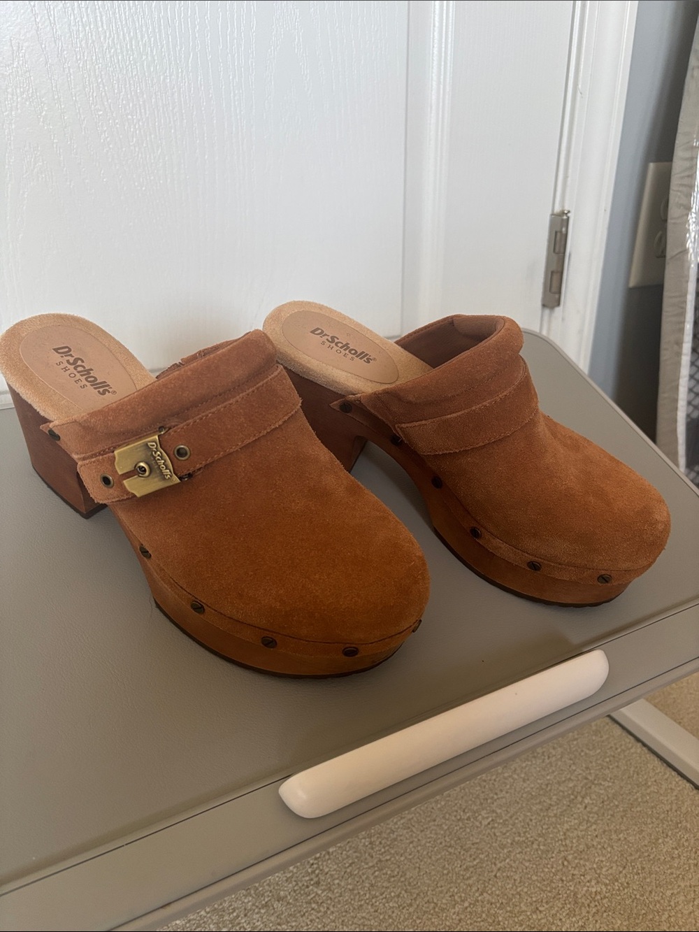 Dr. Scholl's Tan Suede Studded Clog Mules with Buckle Accent